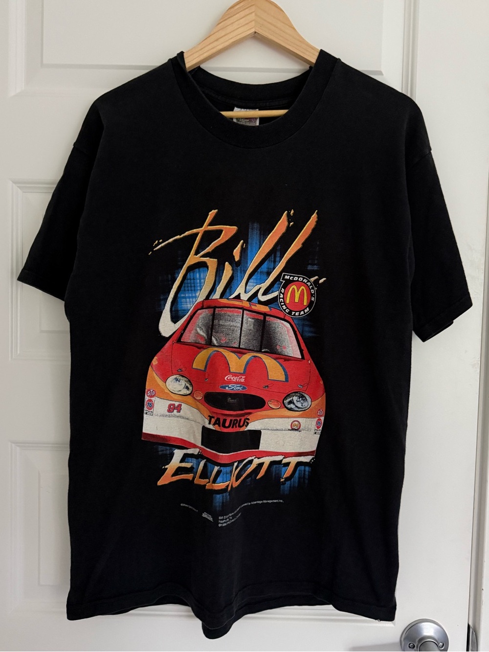 Vintage Bill Elliott T Shirt McDonald’s Nascar Large USA 1998 90s Ford Black AOP